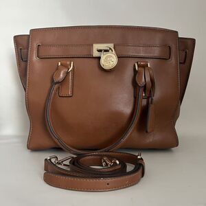 Michael Kors Hamilton Large Satchel Tote Shoulder Bag Brown Luggage Leather Gold